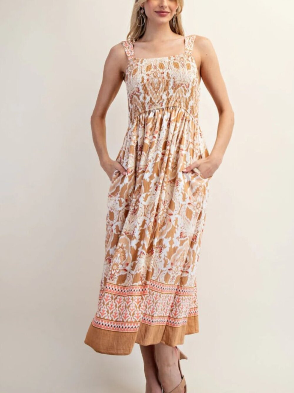 EE:some Neutral Floral Smocked Wide Strap Midi Dress